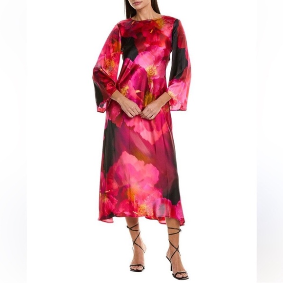 Johnny Was Small Flared Sleeve Bias Cut Silk Floral Midi Dress NWT $445 Ruby - Picture 2 of 12